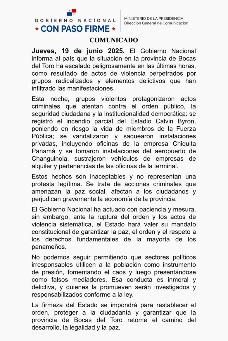 ‘El Estado hará valer su mandato constitucional de garantizar la paz’: Gobierno ante actos de violencia en Bocas del Toro