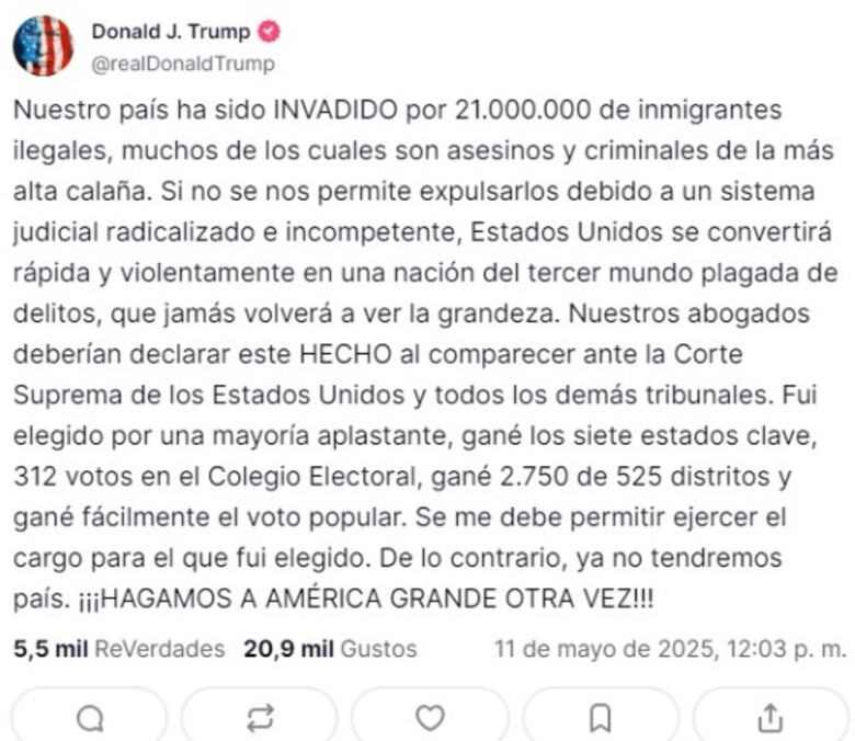 Trump carga contra jueces y advierte que Estados Unidos será una nación del tercer mundo’ si no aplican sus políticas