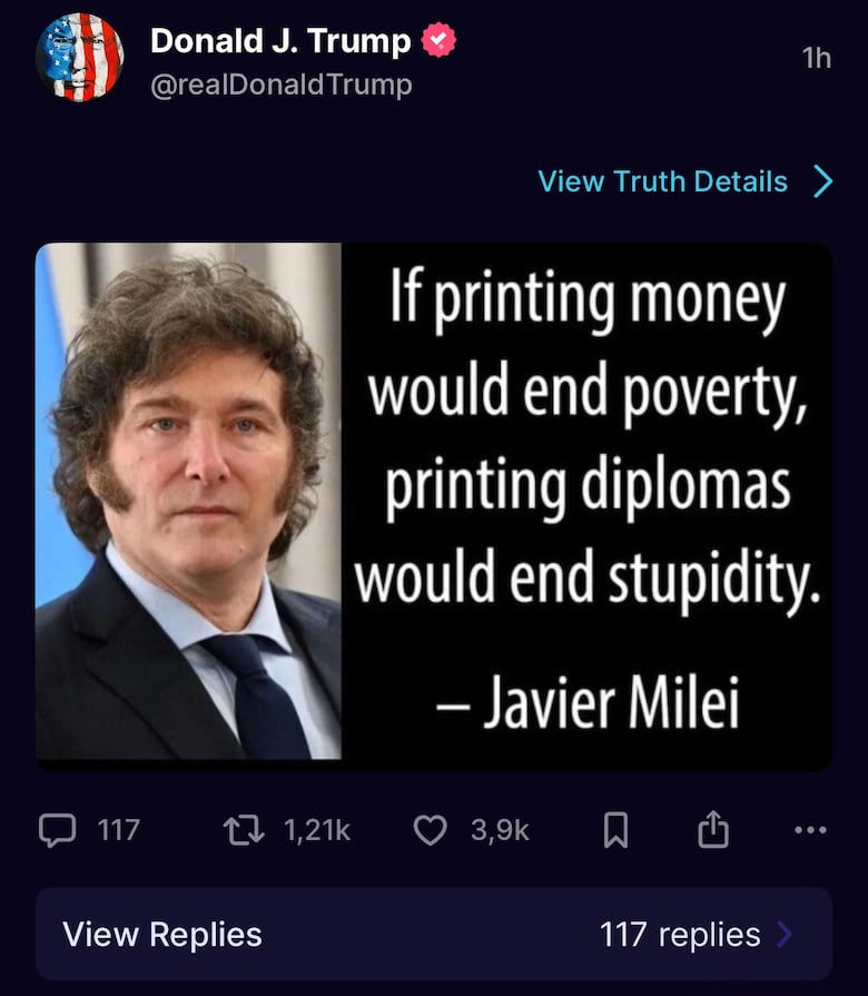 Trump comparte en redes una imagen de Milei, en medio de la polémica por la criptomoneda