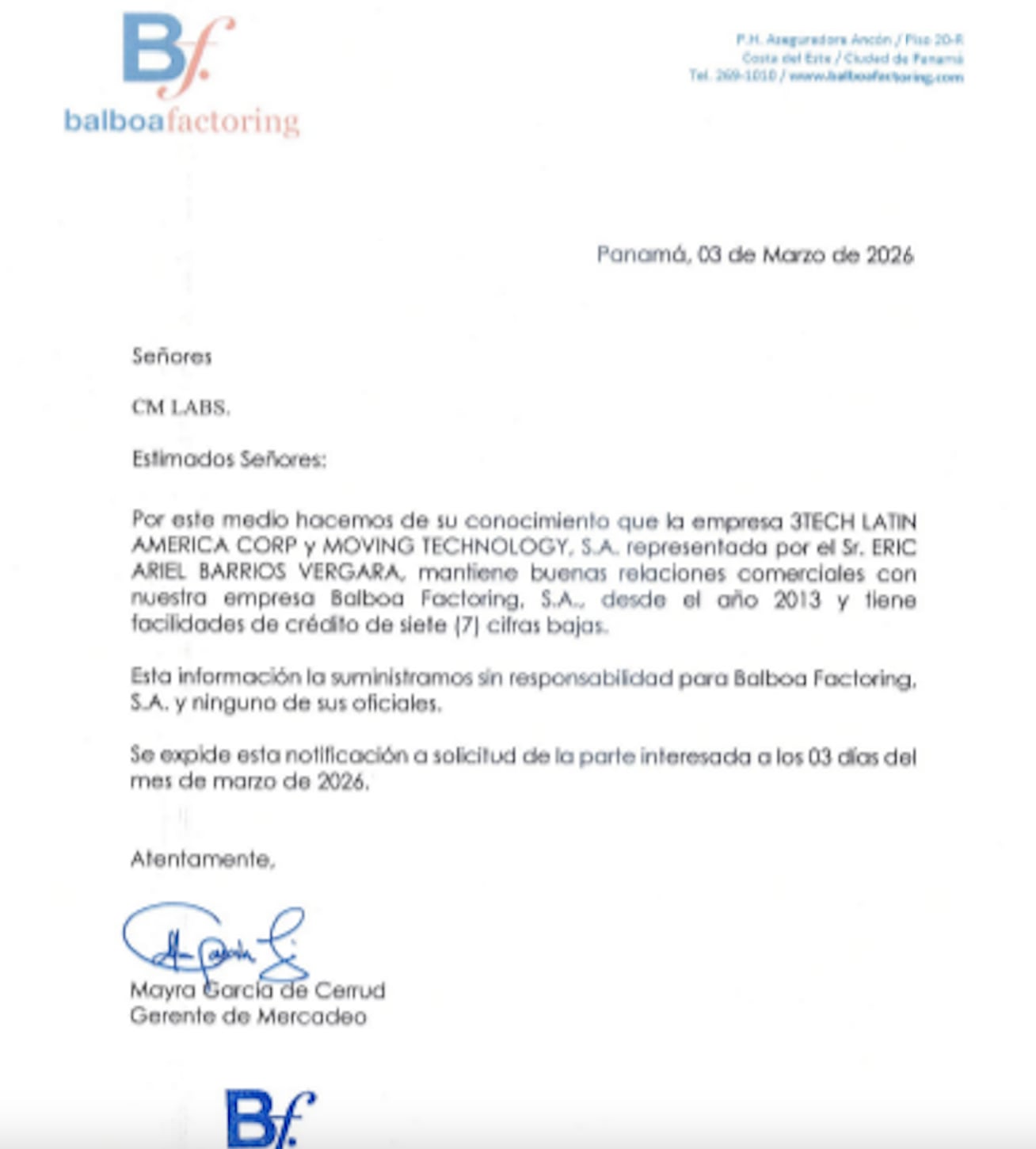 Facsímil de la carta que presentó 3Tech a la ATTT para probar que contaba con el financiamiento que otorgaría al proyecto de revisión vehicular digital.