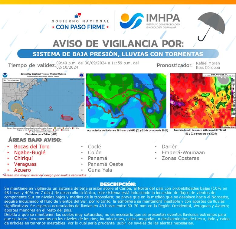 Declaran Alerta Amarilla en cinco provincias y una comarca ante aviso de intensas lluvias