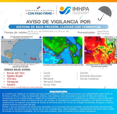 Declaran Alerta Amarilla en cinco provincias y una comarca ante aviso de intensas lluvias