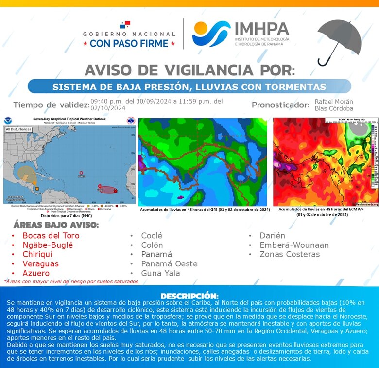 Declaran Alerta Amarilla en cinco provincias y una comarca ante aviso de intensas lluvias
