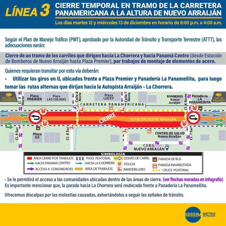 Línea 3: anuncian cierre temporal en la Panamericana a la altura de Nuevo Arraiján