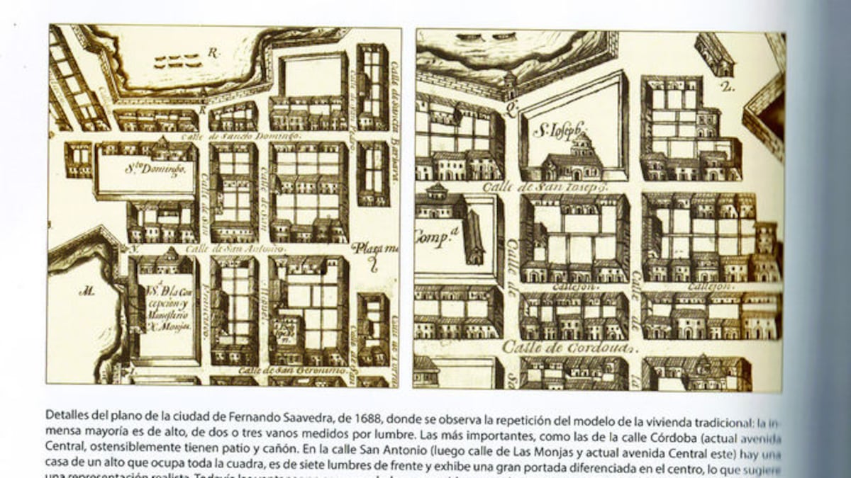 Detalles del plano de la ciudad a cargo de Fernando Saavedra, de 1688, con el modelo de vivienda tradicional. Tomado del libro ‘La ciudad imaginada’ de Alfredo Castil