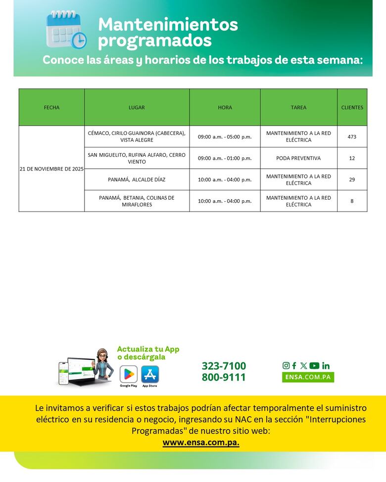 ENSA informa los mantenimientos programados del 17 al 21 de noviembre de 2025