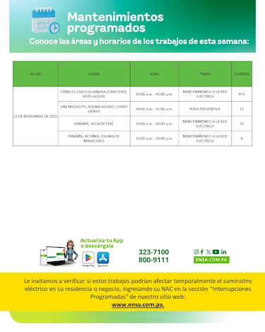 ENSA informa los mantenimientos programados del 17 al 21 de noviembre de 2025