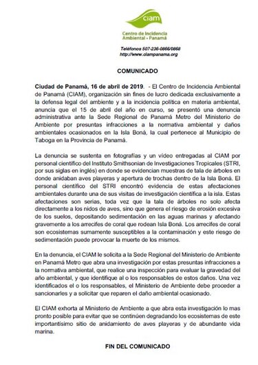 Centro de Incidencia Ambiental presenta denuncia administrativa por supuesta tala en isla Boná