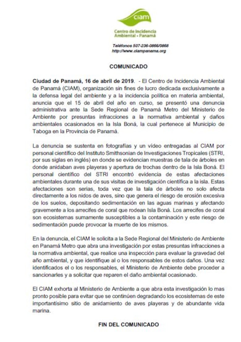 Centro de Incidencia Ambiental presenta denuncia administrativa por supuesta tala en isla Boná