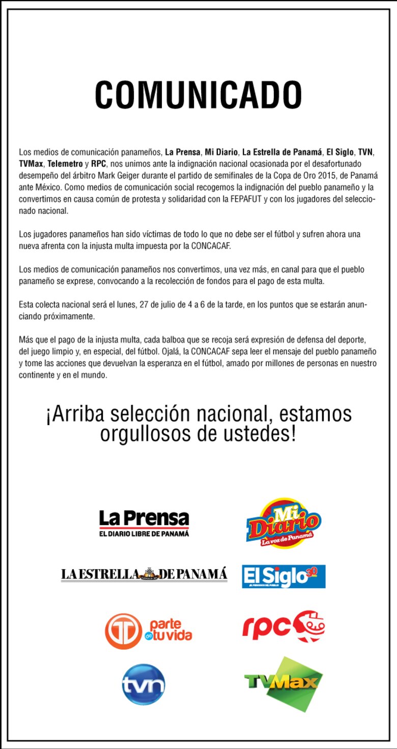 Medios de comunicación de Panamá harán colecta para apoyar a la Selección