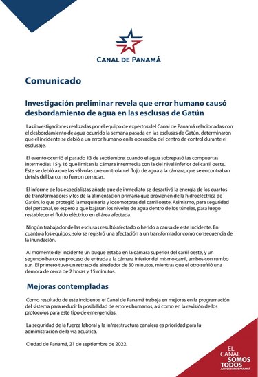 Error humano causó desbordamiento de agua en las esclusas de Gatún, según investigación