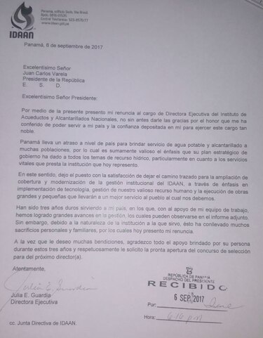 Julia Guardia renuncia a la dirección del Idaan