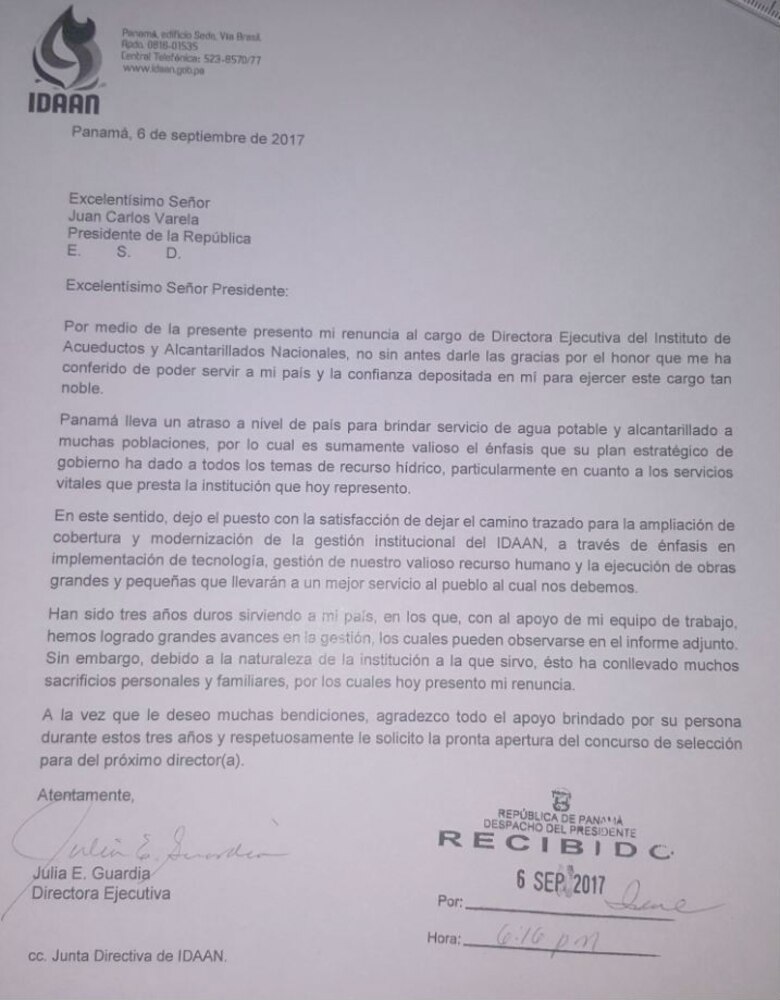 Julia Guardia renuncia a la dirección del Idaan