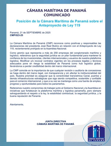 Cámara Marítima respalda a Mulino y advierte sobre riesgos de derogar contrato entre el Estado y el Ferrocarril
