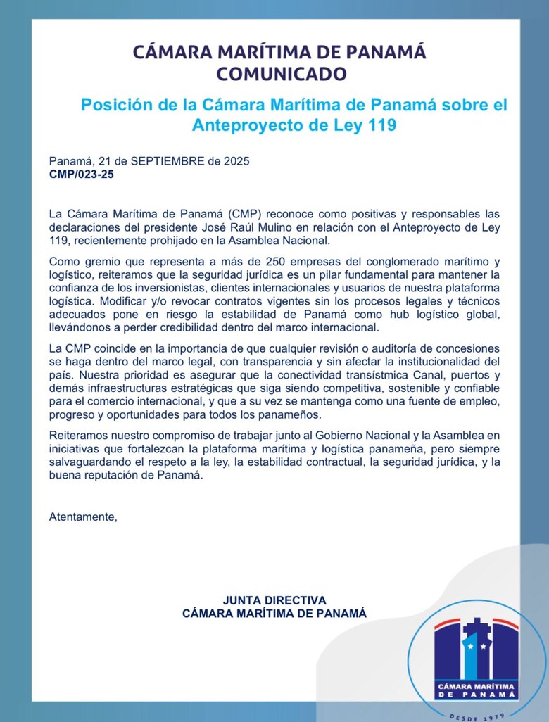 Cámara Marítima respalda a Mulino y advierte sobre riesgos de derogar contrato entre el Estado y el Ferrocarril