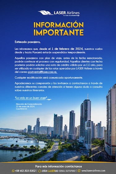 Aerolínea Laser de Venezuela dejará de volar temporalmente a Panamá