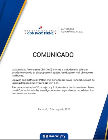 Avión de Air Panamá se sale de la pista en Isla Colón con 38 personas a bordo