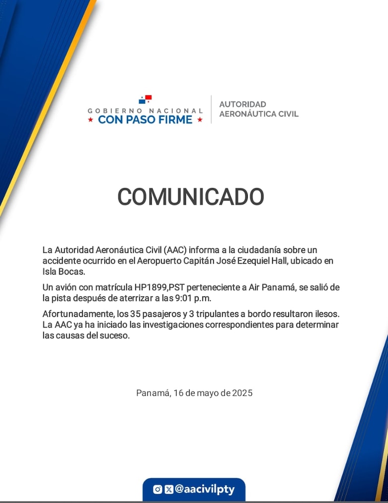 Avión de Air Panamá se sale de la pista en Isla Colón con 38 personas a bordo