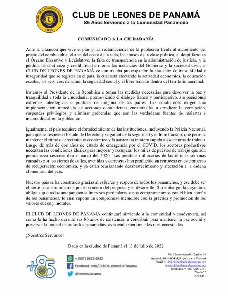 Clubes cívicos abogan por un diálogo franco que permita salir de la crisis socioeconómica que vive el país