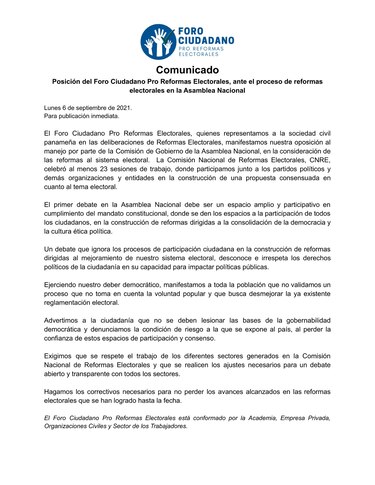 Reformas electorales: Foro Ciudadano no validará proceso que ‘no tome en cuenta la voluntad popular’