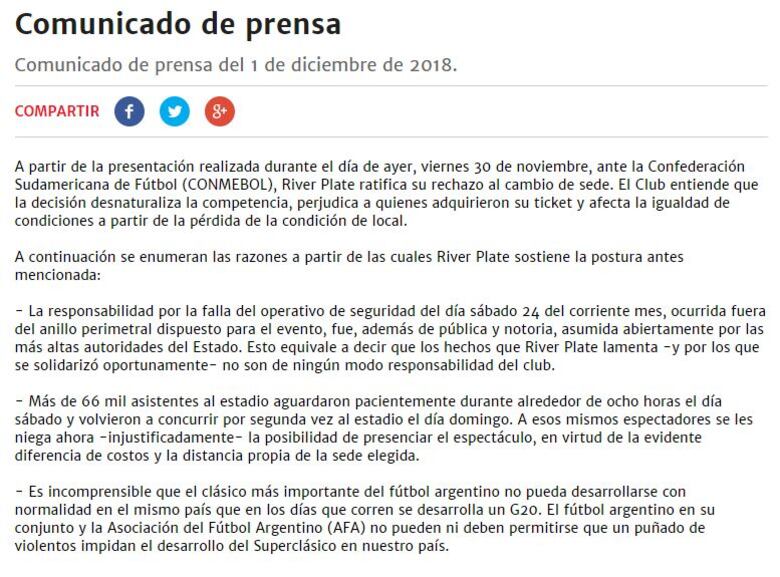 River ratifica rechazo a jugar en Madrid la final de la Copa Libertadores