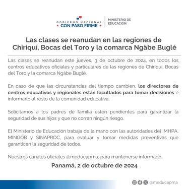 Se reanudarán las clases este jueves en Chiriquí, Bocas del Toro y la comarca Ngäbe Buglé