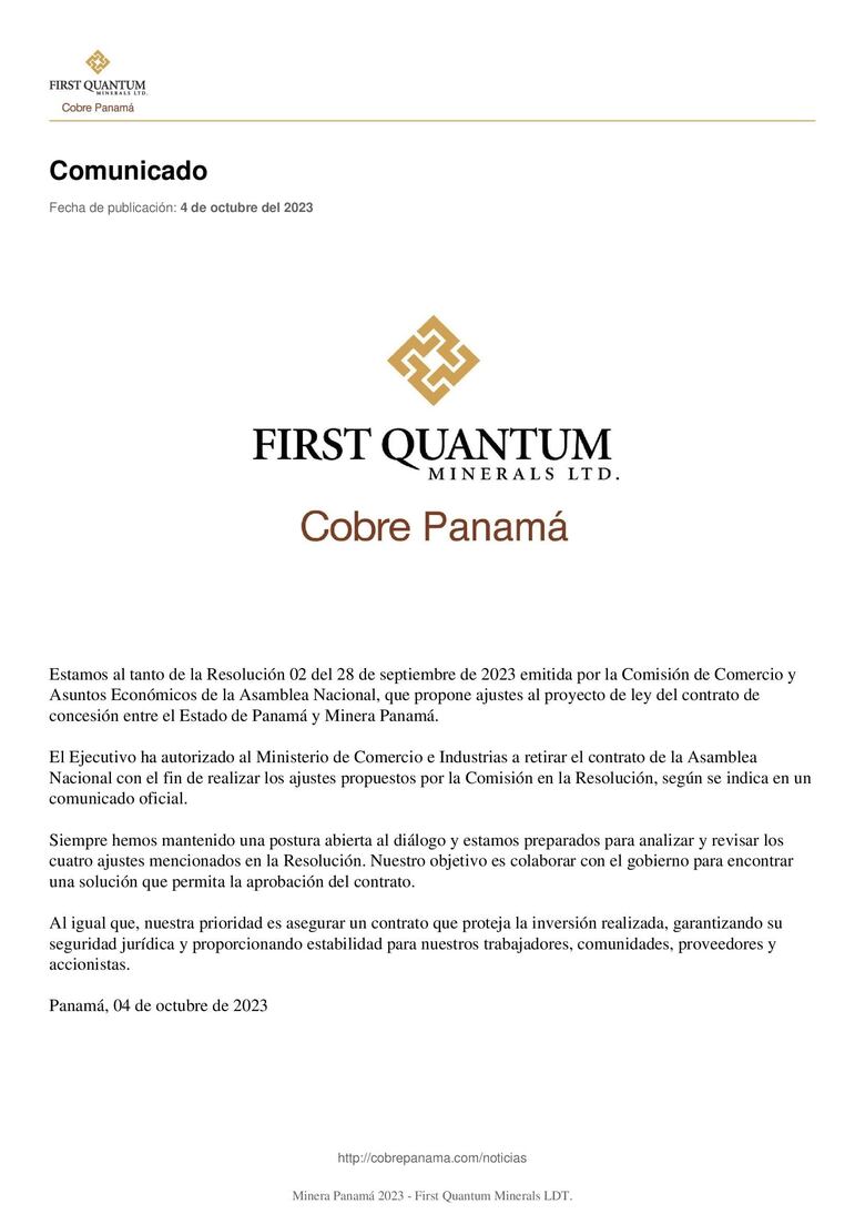 Empresa minera dice estar preparada para revisar ajustes al contrato para la explotación de cobre en Donoso