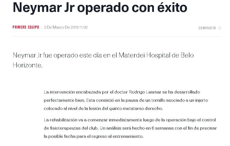 Neymar sale del hospital tras cirugía