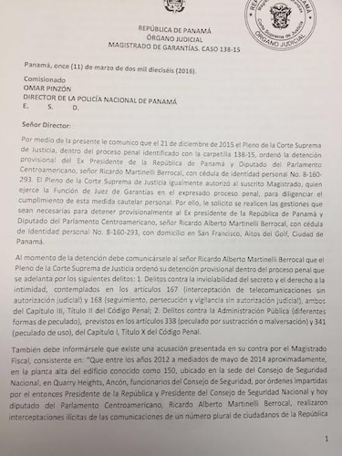 Magistrado Mejía pide al director de la Policía que gestione la detención de Ricardo Martinelli