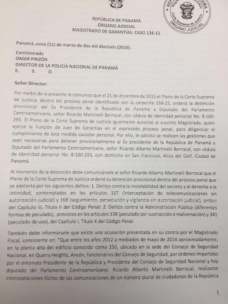 Magistrado Mejía pide al director de la Policía que gestione la detención de Ricardo Martinelli