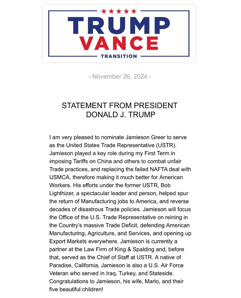 Nombramiento clave: Trump elige a Jamieson Greer como representante comercial
