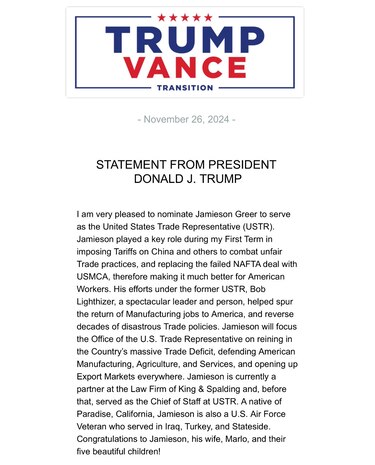 Nombramiento clave: Trump elige a Jamieson Greer como representante comercial