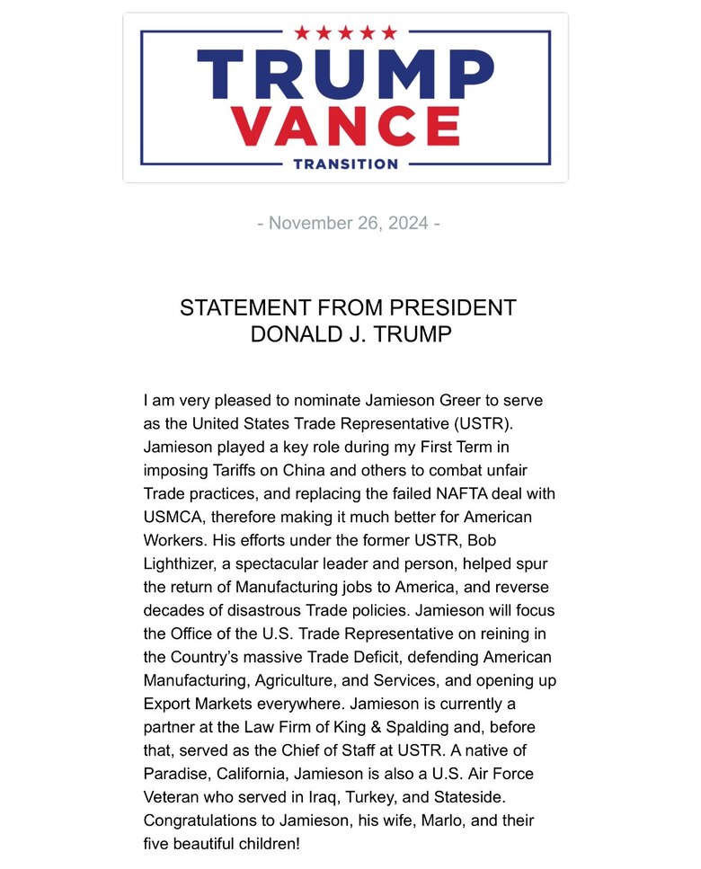 Nombramiento clave: Trump elige a Jamieson Greer como representante comercial