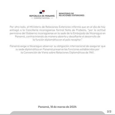 Panamá acusa a Nicaragua de intromisión en sus asuntos internos