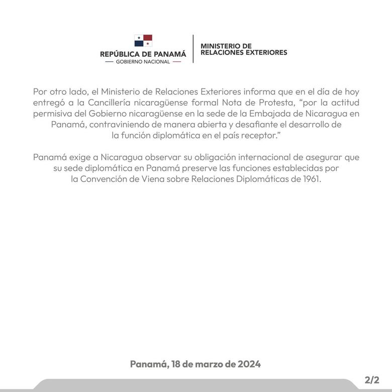 Panamá acusa a Nicaragua de intromisión en sus asuntos internos