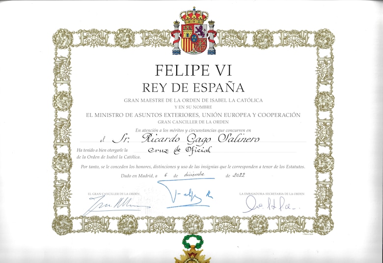 Rey de España otorga reconocimiento a Ricardo Gago Salinero