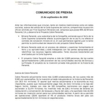 Minera Panamá asegura que el fallo contra Petaquilla no anula su concesión