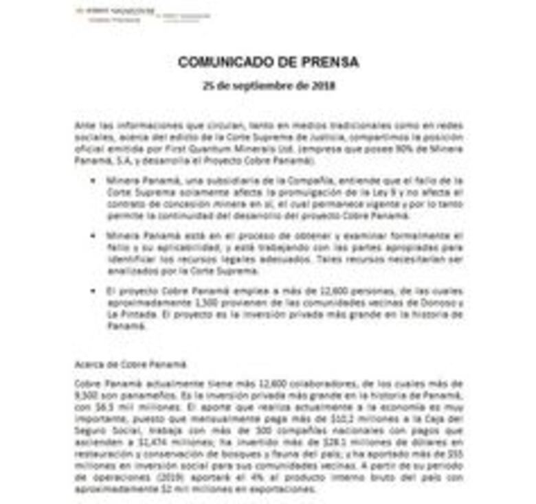 Minera Panamá asegura que el fallo contra Petaquilla no anula su concesión