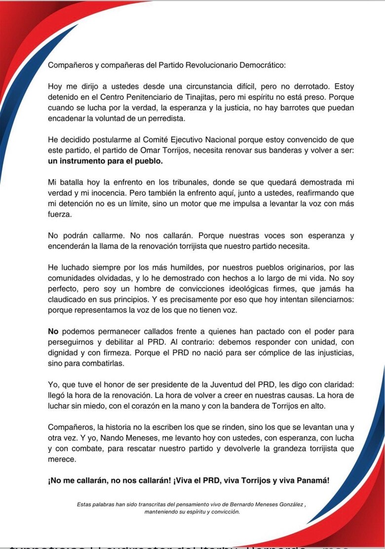 Balbina Herrera vuelve al ruedo y Bernardo Meneses se postula al CEN del PRD desde la cárcel de Tinajitas