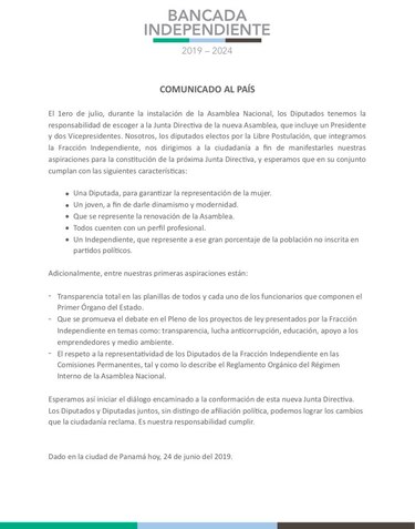 Bancada independiente pide un espacio en la nueva directiva de la Asamblea Nacional