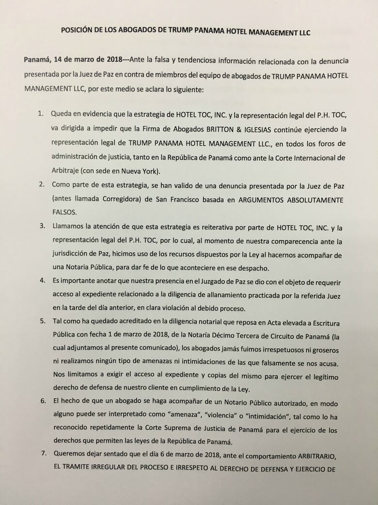 Jueza panameña denuncia amenazas de abogados del hotel Trump