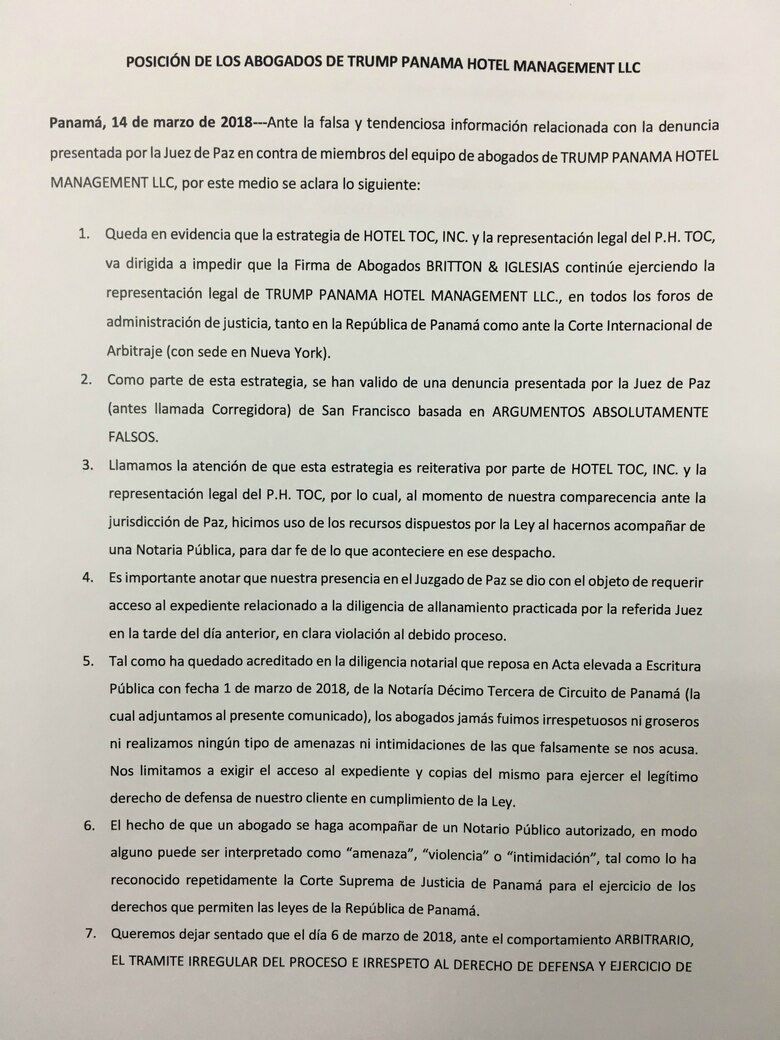 Jueza panameña denuncia amenazas de abogados del hotel Trump
