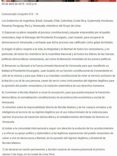Grupo de Lima reitera apoyo a Guaidó y pide a Maduro cesar la usurpación