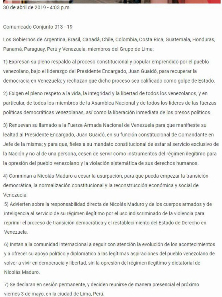 Grupo de Lima reitera apoyo a Guaidó y pide a Maduro cesar la usurpación