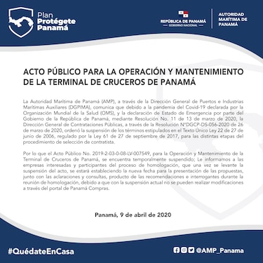 AMP suspende la licitación para la operación de la terminal de cruceros por la pandemia del coronavirus