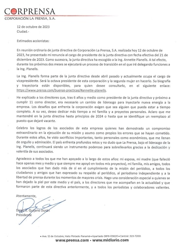 Diego Quijano renuncia a la presidencia de Corprensa; será reemplazado por Annette Planells