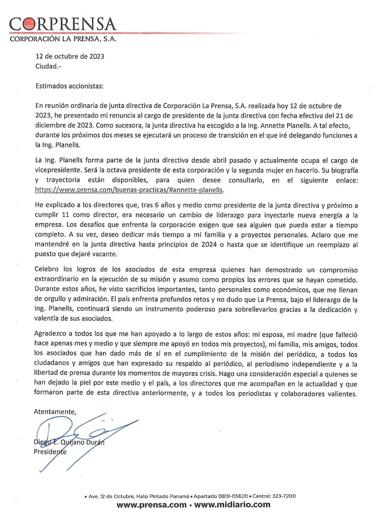 Diego Quijano renuncia a la presidencia de Corprensa; será reemplazado por Annette Planells