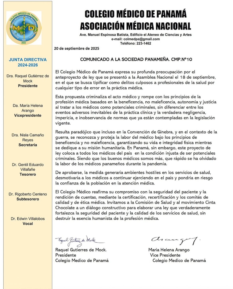 Colegio Médico de Panamá rechaza anteproyecto de ley que busca criminalizar un error