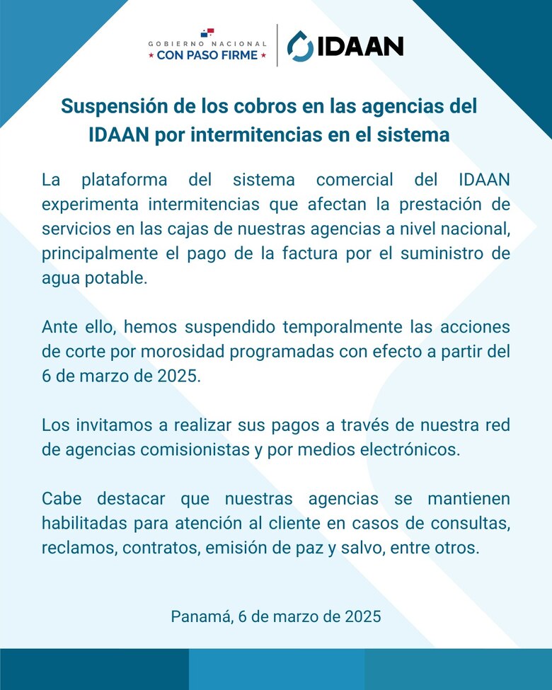 Sistema de cobro del Idaan colapsó desde el viernes; suspenden temporalmente cortes por morosidad