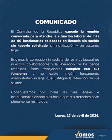 Vamos exige pago inmediato a funcionarios tras cancelación de reunión con el contralor Flores